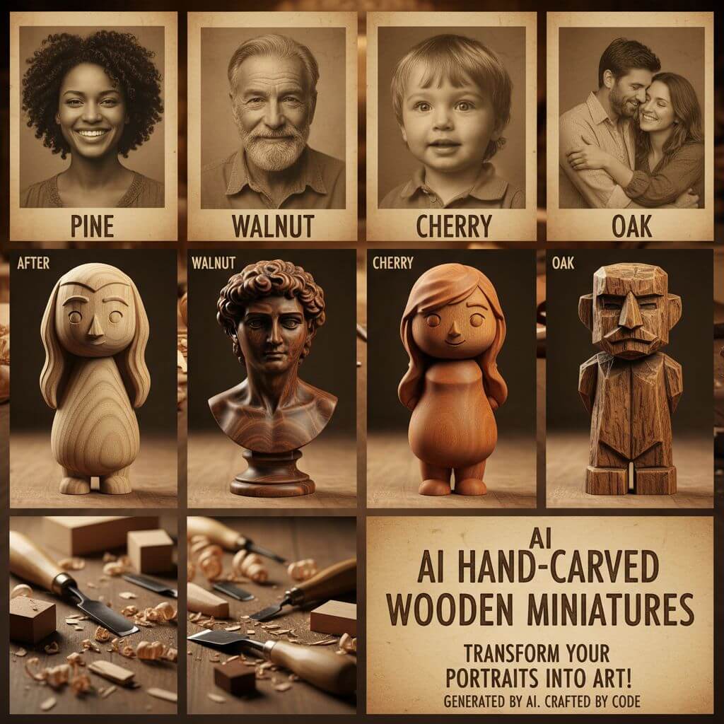 AI Hand-Carved Wooden Miniature Figure Generator